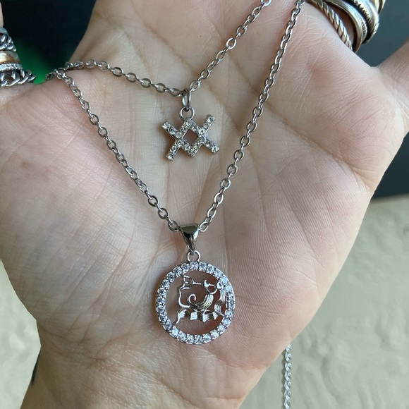 βοΈ AQUARIUS zodiac sign double layer stainless steel & cubic zirconia necklace - Picture 4 of 13